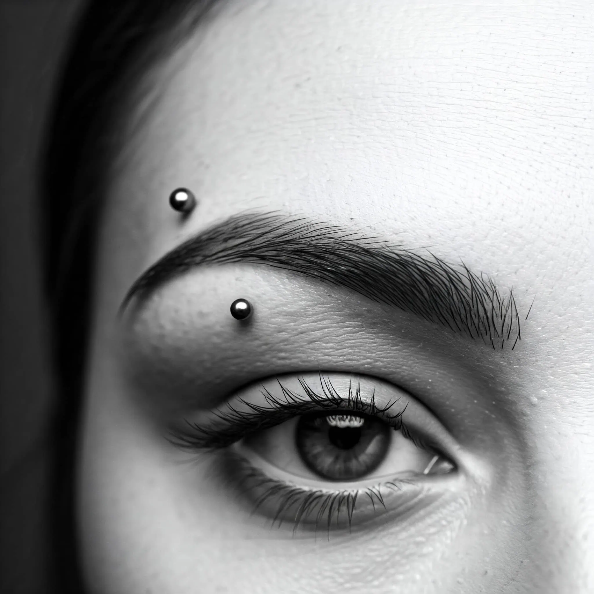 A woman with striking anti-eyebrow piercings, reflecting her individuality and contemporary aesthetic.