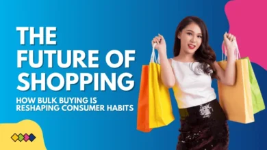 A happy woman smiles, holding a shopping bag, illustrating the trend of bulk buying and its impact on shopping habits.