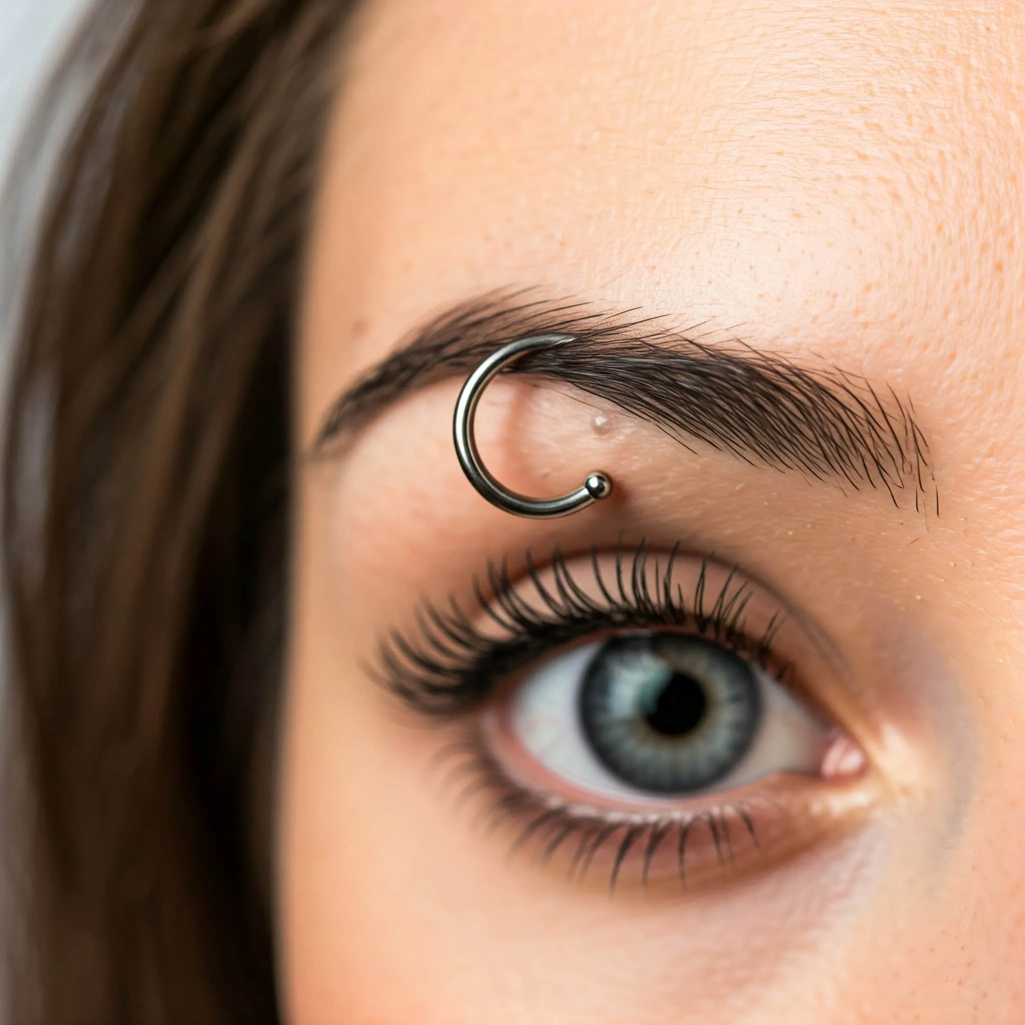 A woman with a traditional eyebrow piercing, emphasizing her bold fashion choice and individuality.