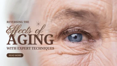 A close-up photo of an elderly woman's eye with wrinkles, highlighting the effects of aging. The image has a text overlay that reads "Reversing the Effects of Aging with Expert Techniques