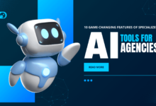 Friendly robot presenting "10 Game-Changing Features of Specialized AI Tools for Agencies." Learn how AI is revolutionizing agencies.