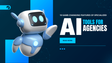 Friendly robot presenting "10 Game-Changing Features of Specialized AI Tools for Agencies." Learn how AI is revolutionizing agencies.