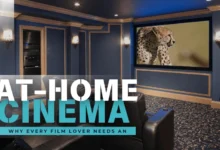 A sophisticated home cinema with plush seating faces a large screen displaying a cheetah. Elegant sconces flank the screen in a richly colored room with paneled walls.