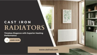 Elegant cast iron radiators provide superior heating performance in a modern living room with large windows and stylish decor.