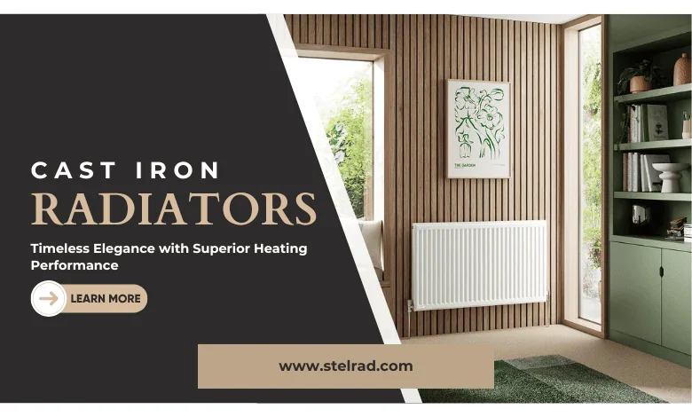 Elegant cast iron radiators provide superior heating performance in a modern living room with large windows and stylish decor.