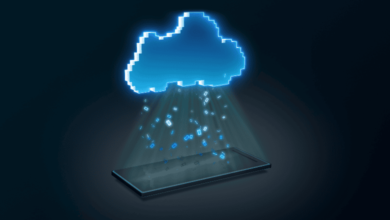 A pixelated blue cloud hovers above a smartphone, emitting data streams, symbolizing cloud computing and data transfer.