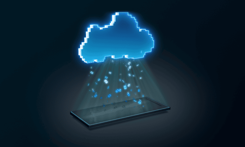 A pixelated blue cloud hovers above a smartphone, emitting data streams, symbolizing cloud computing and data transfer.