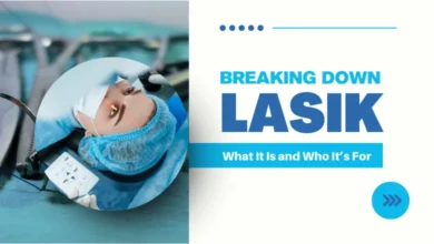 LASIK eye surgery: A patient receiving treatment with advanced laser technology in a modern surgical suite.