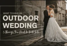 A graphic with the text "WANT TO HAVE AN OUTDOOR WEDDING 5 Things You Need To Look Into" in a bold font. The words are arranged on a white background with a large green leaf graphic on the right side.