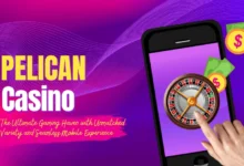 Pelican Casino logo and tagline with a roulette game on a smartphone screen, highlighting the casino's diverse gaming options.