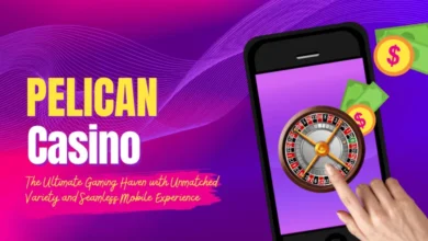 Pelican Casino logo and tagline with a roulette game on a smartphone screen, highlighting the casino's diverse gaming options.