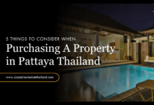 Nighttime view of a modern villa with pool in Pattaya, Thailand, with a text overlay about property purchasing considerations.