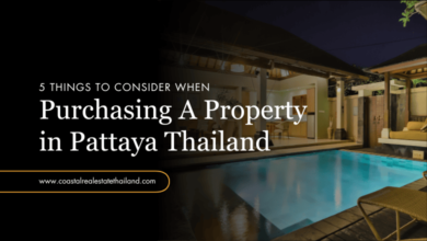 Nighttime view of a modern villa with pool in Pattaya, Thailand, with a text overlay about property purchasing considerations.