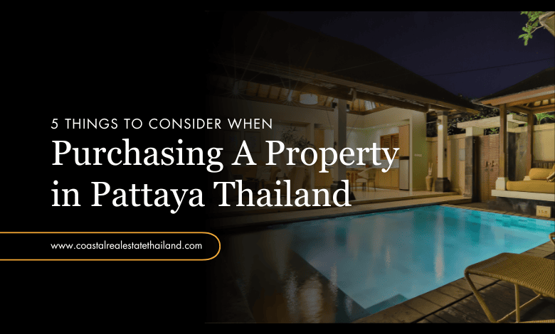 Nighttime view of a modern villa with pool in Pattaya, Thailand, with a text overlay about property purchasing considerations.