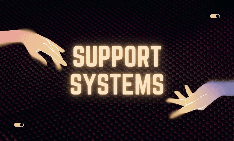 Two hands reaching across a dark textured background towards the words "SUPPORT SYSTEMS" illuminated in the center.