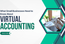 What Small Businesses Need to Know About Virtual Accounting, with a "Read More" button and an image of a person working on a laptop and reviewing documents.